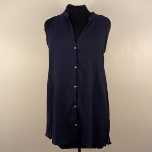 MANGO, sleeveless button, front navy blue blouse, mandarin collar, size 2